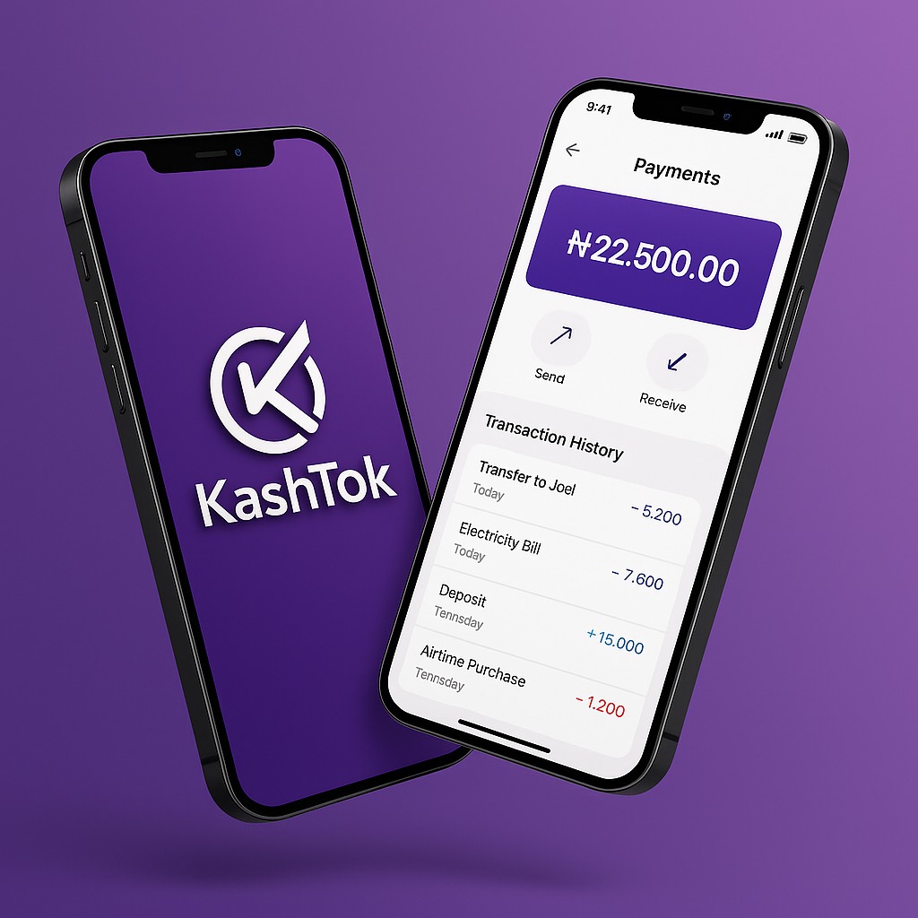 KashTok app mockup showing wallet and recent transactions.